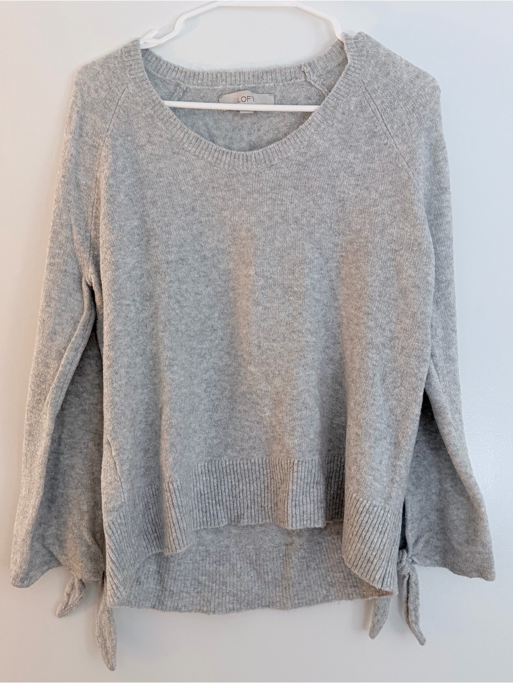 LOFT Light Gray Crewneck Sweater with Sleeve Ties